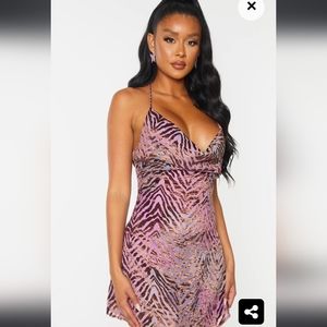 Pretty Little Thing Multi Zebra Strappy Flocked Detail Shift Dress - Size 8